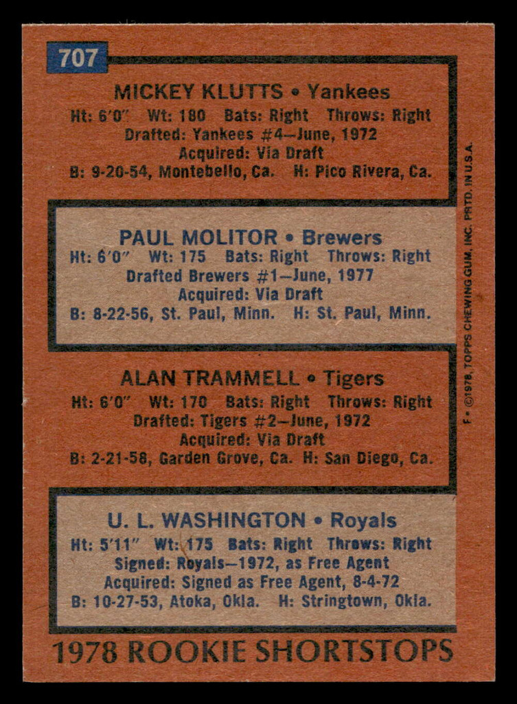 1978 Topps #707 Mickey Klutts/Paul Molitor/Alan Trammell/U.L. Washington Rookie Shortstops Near Mint RC Rookie  ID: 521847