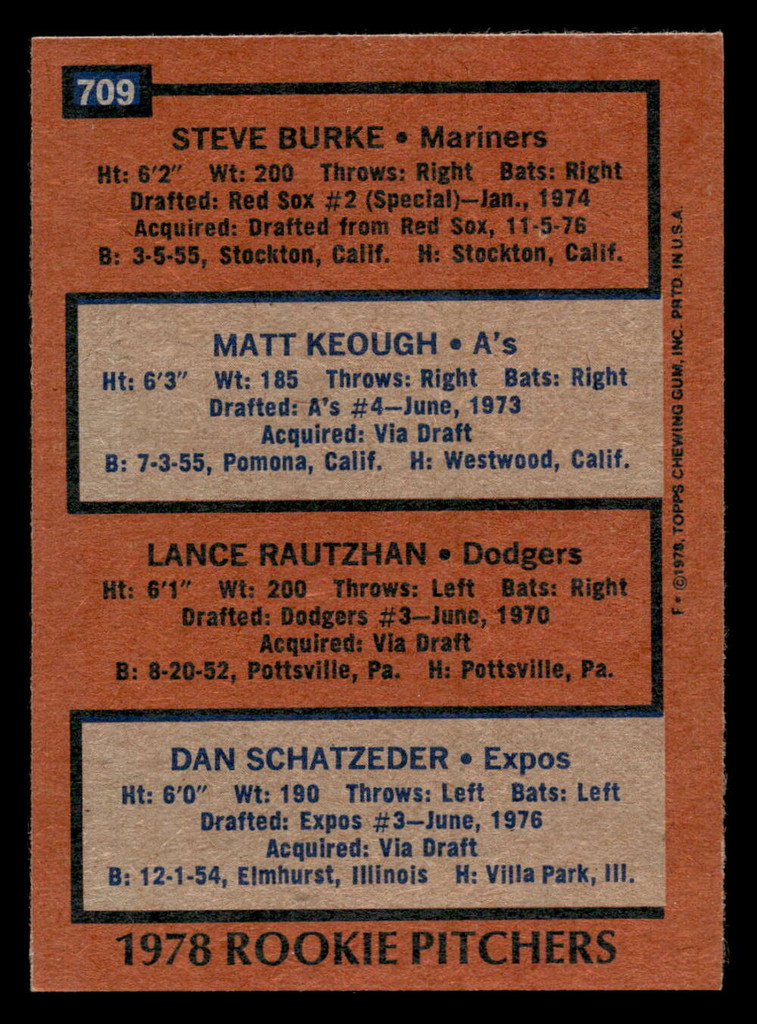 1978 Topps #709 Steve Burke/Matt Keough/Lance Rautzhan/Dan Schatzeder Rookie Pitchers Near Mint RC Rookie  ID: 521853