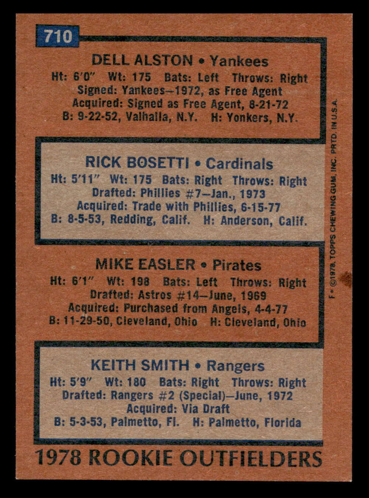 1978 Topps #710 Dell Alston/Rick Bosetti/Mike Easler/Keith Smith Rookie Outfielders Near Mint RC Rookie  ID: 521859