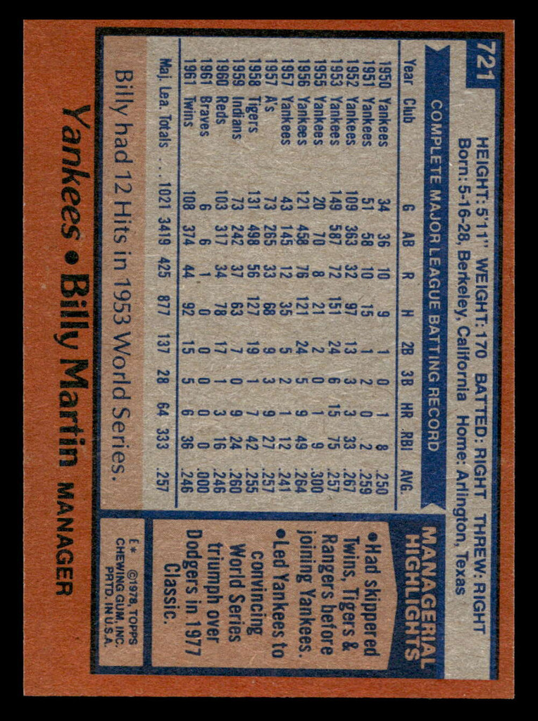 1978 Topps #721 Billy Martin MG Near Mint  ID: 521904