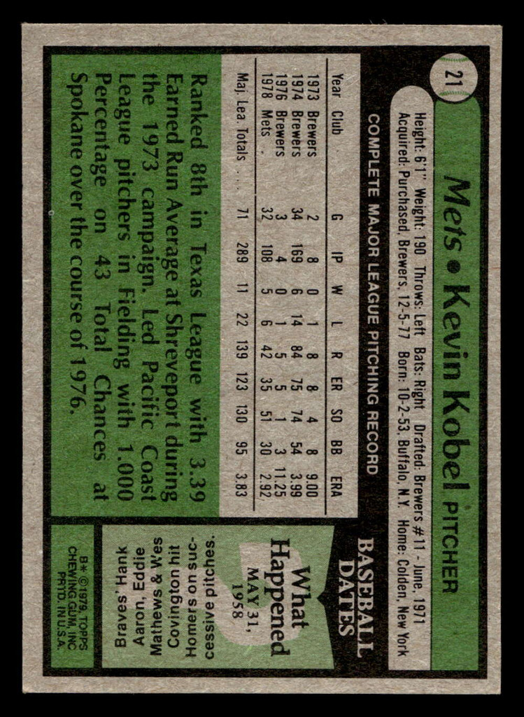 1979 Topps #21 Kevin Kobel Ex-Mint  ID: 521947