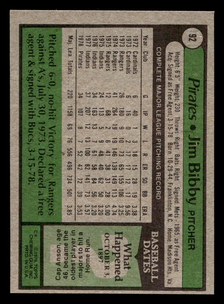 1979 Topps #92 Jim Bibby Near Mint  ID: 522018