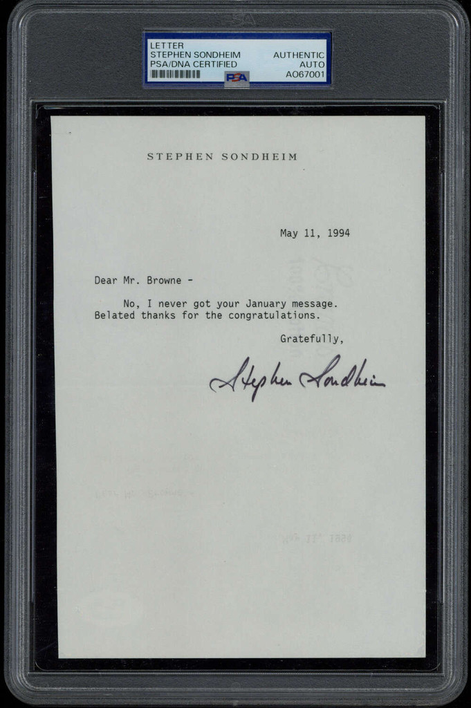 Stephen Sondheim Letter Signed Auto PSA/DNA Slab Composer