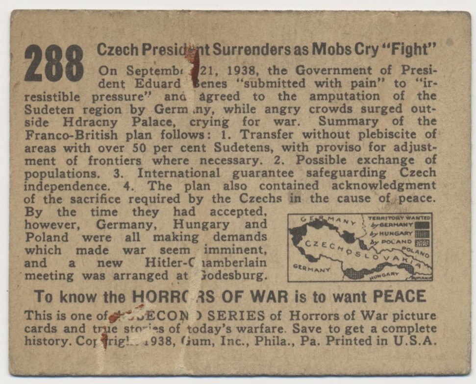 1938 Gum Inc. R69 Horrors of War #288 Czech President... (Last Card)  #*sku37202