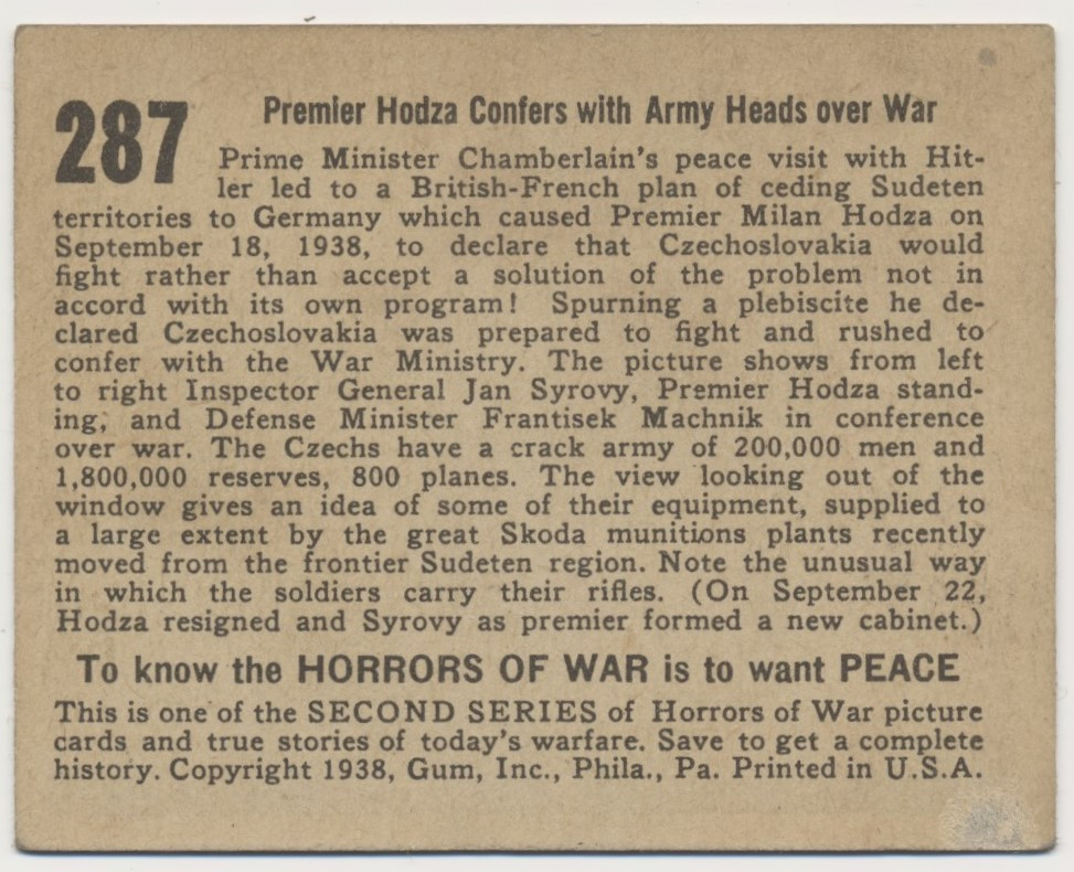1938 Gum Inc. R69 Horrors of War #287 Premier Hodza...  #*sku37203