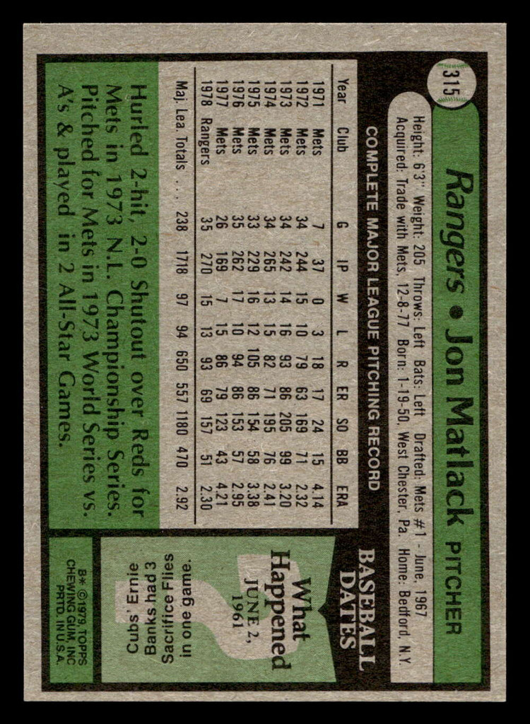 1979 Topps #315 Jon Matlack Near Mint 