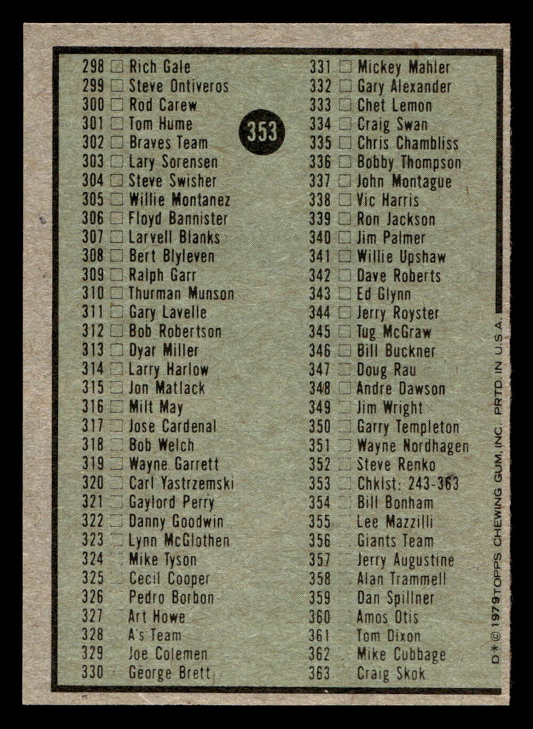 1979 Topps #353 Checklist 243-363 Near Mint 