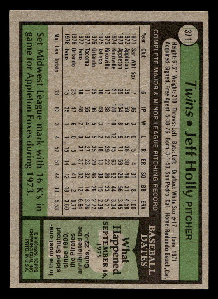 1979 Topps #371 Jeff Holly Near Mint RC Rookie 