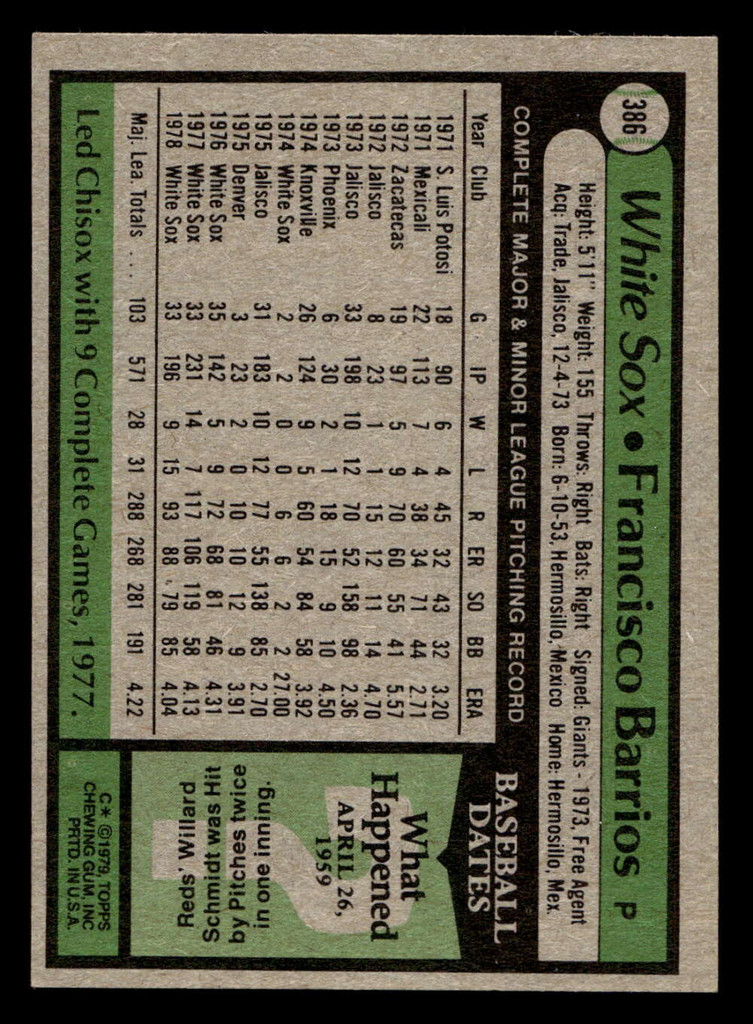 1979 Topps #386 Francisco Barrios Near Mint  ID: 522353