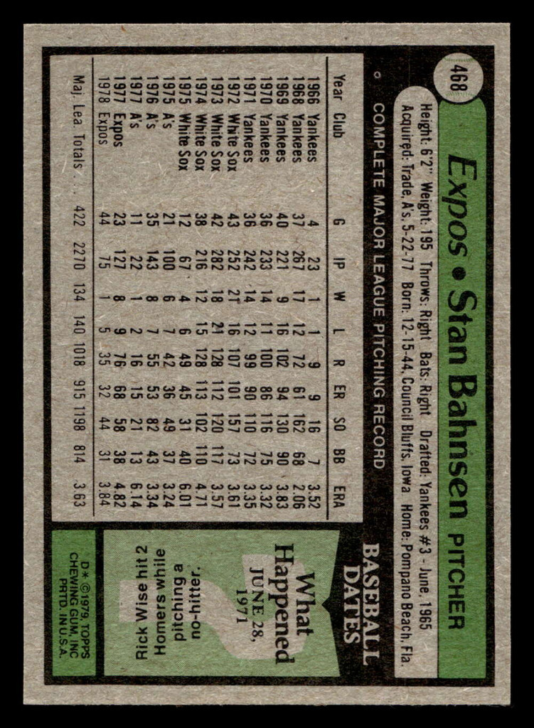 1979 Topps #468 Stan Bahnsen DP Near Mint 