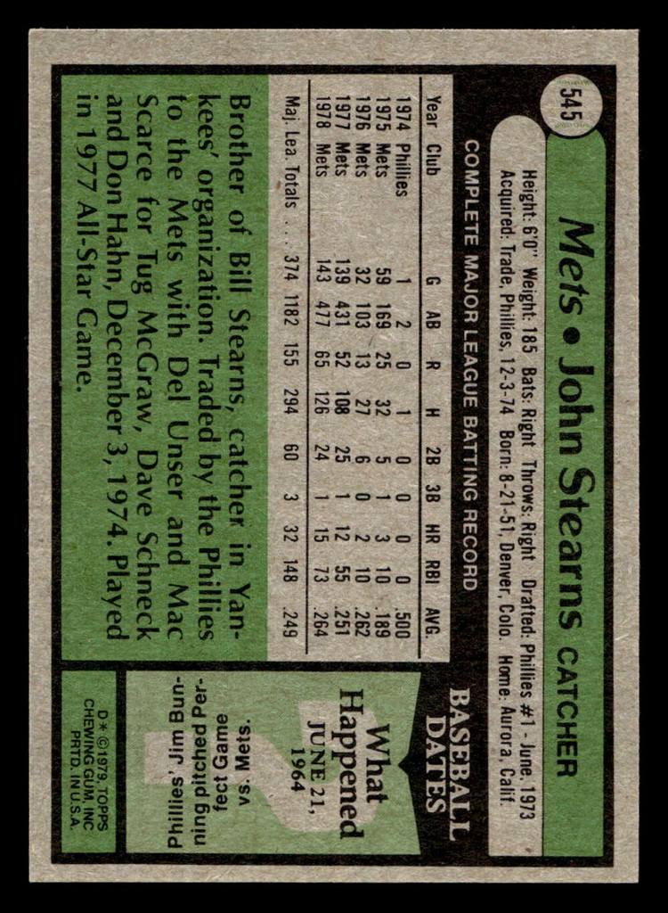 1979 Topps #545 John Stearns Near Mint  ID: 522512