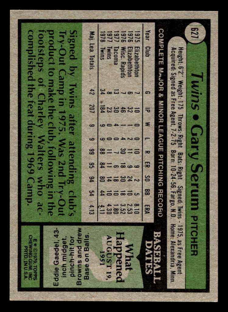 1979 Topps #627 Gary Serum Near Mint RC Rookie  ID: 522594