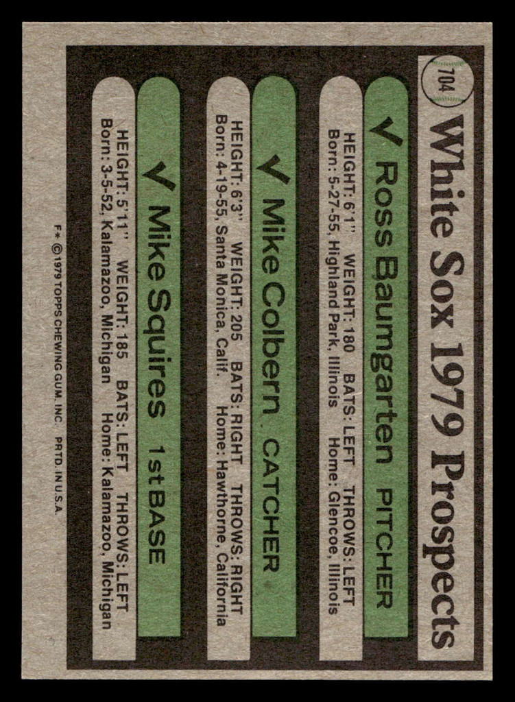 1979 Topps #704 Ross Baumgarten/Mike Colbern/Mike Squires White Sox Prospects Near Mint RC Rookie  ID: 522671
