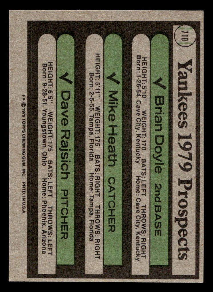 1979 Topps #710 Brian Doyle/Mike Heath/Dave Rajsich Yankees Prospects Near Mint RC Rookie  ID: 522677