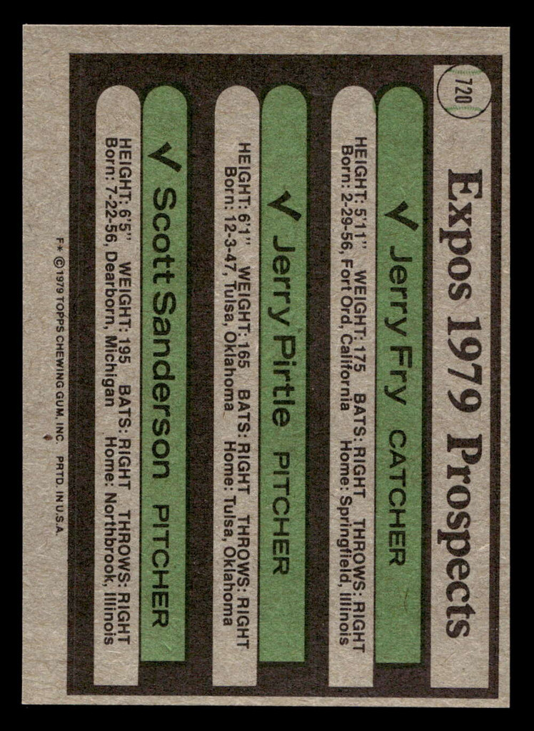 1979 Topps #720 Jerry Fry/Gerry Pirtle/Scott Sanderson Expos Prospects Near Mint+ RC Rookie 