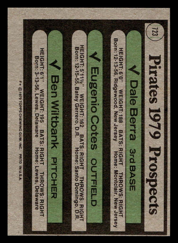 1979 Topps #723 Dale Berra/Eugenio Cotes/Ben Wiltbank Pirates Prospects Near Mint RC Rookie  ID: 522690