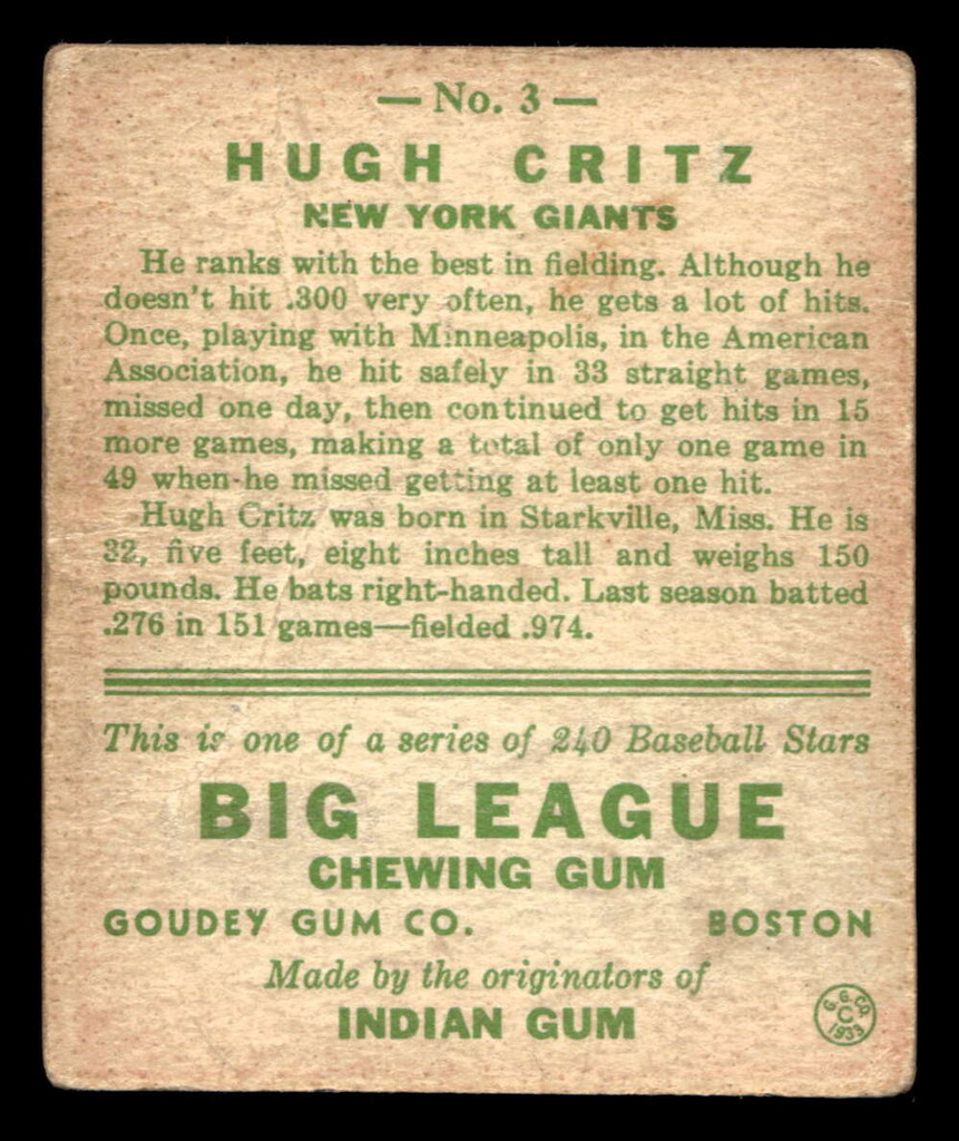 1933 Goudey #3 Hughie Critz Good RC Rookie 