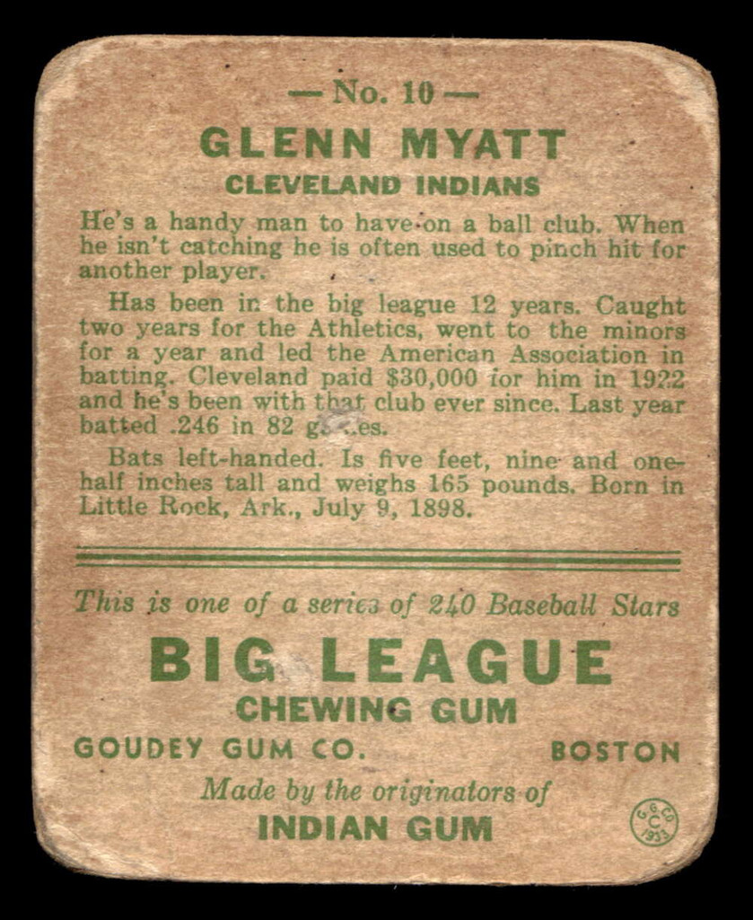 1933 Goudey #10 Glenn Myatt Poor RC Rookie  ID: 522696