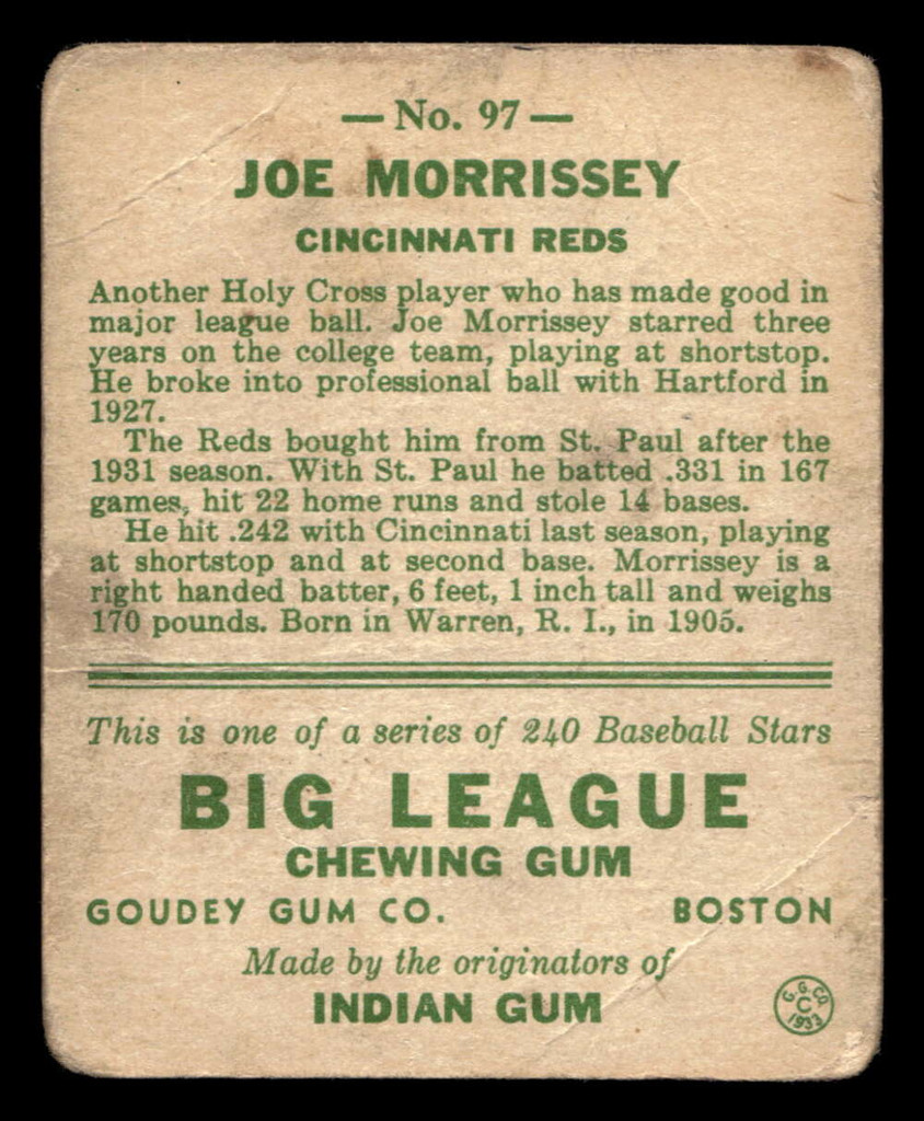1933 Goudey #97 Joe Morrisey Good RC Rookie 