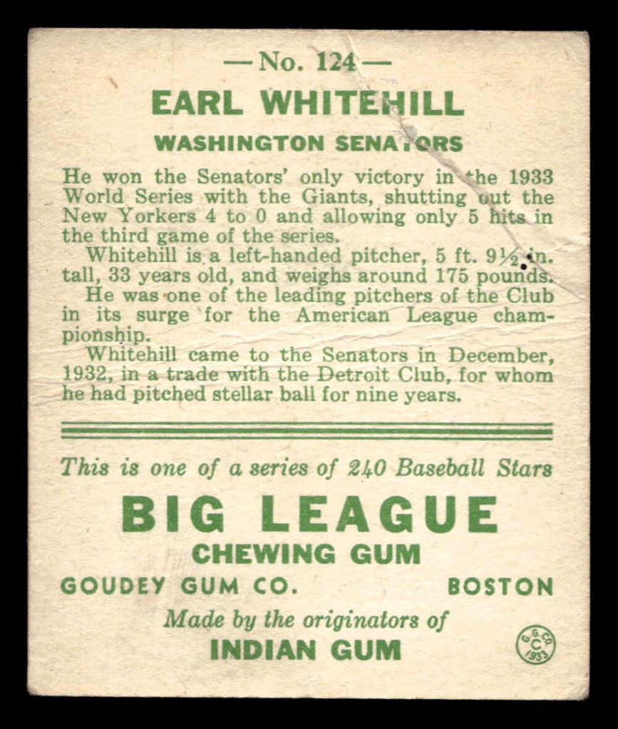 1933 Goudey #124 Earl Whitehill Good RC Rookie 