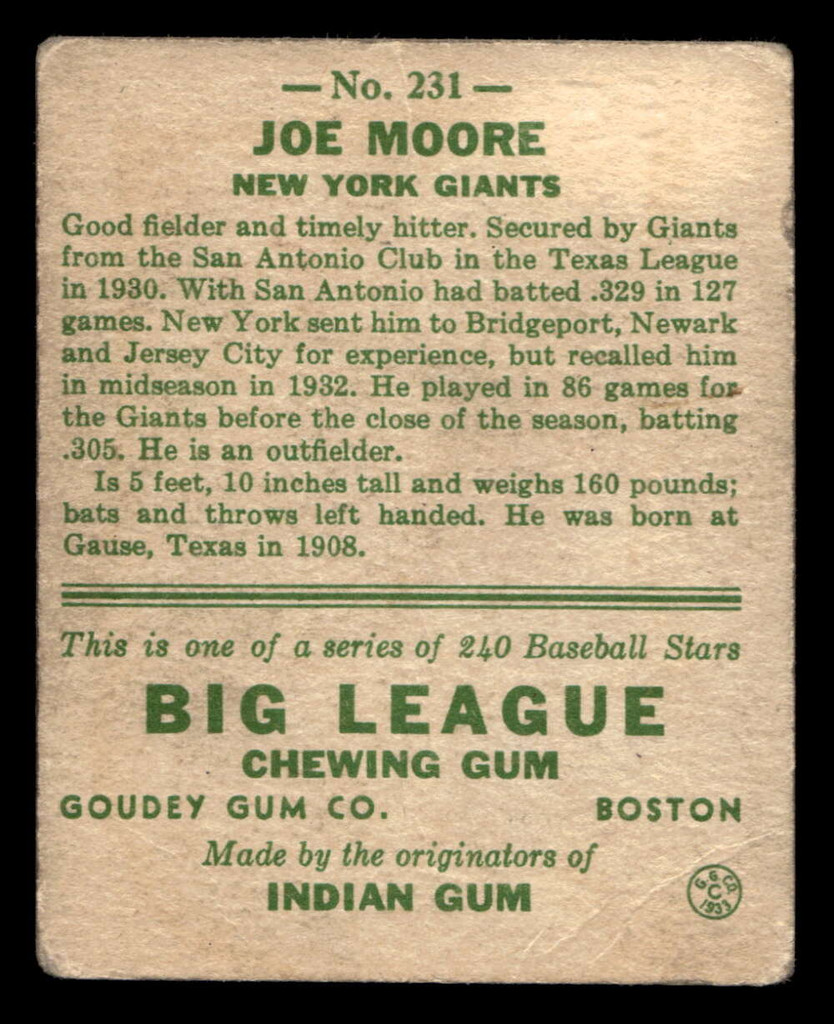 1933 Goudey #231 Jo-Jo Moore Good RC Rookie 