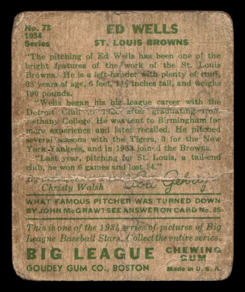 1934 Goudey #73 Ed Wells Poor RC Rookie 