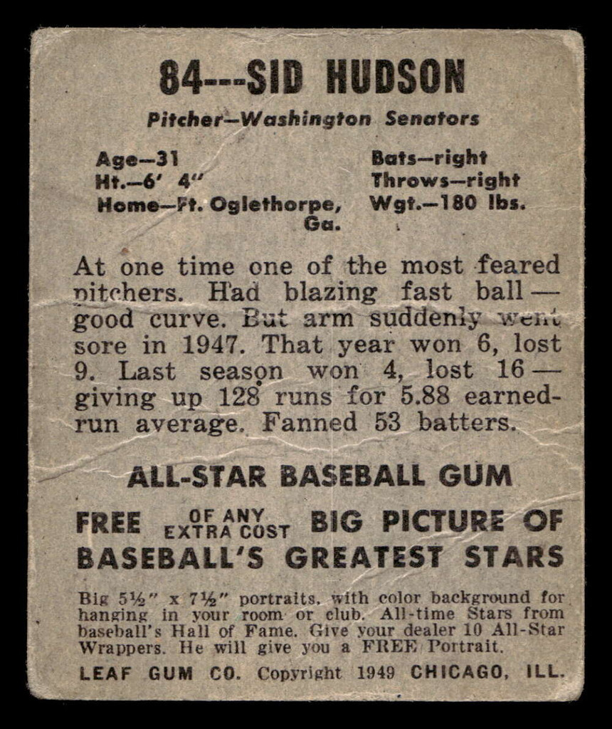 1948-49 Leaf #84 Sid Hudson Poor 