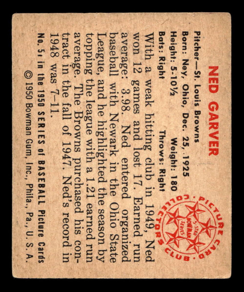 1950 Bowman #51 Ned Garver VG-EX 