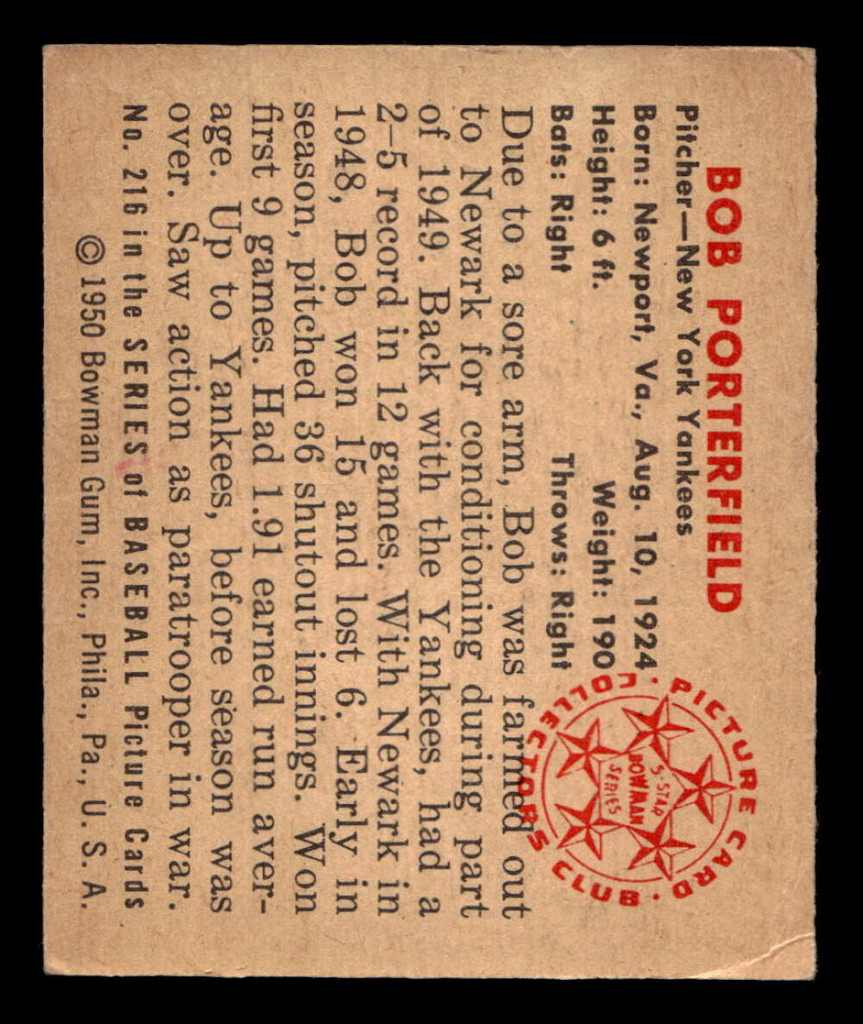 1950 Bowman #216 Bob Porterfield Excellent Yankees