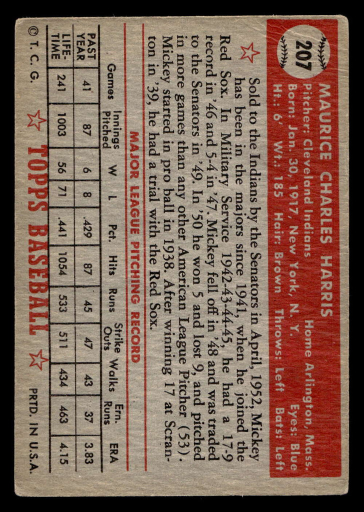1952 Topps #207 Mickey Harris Very Good  ID: 522758