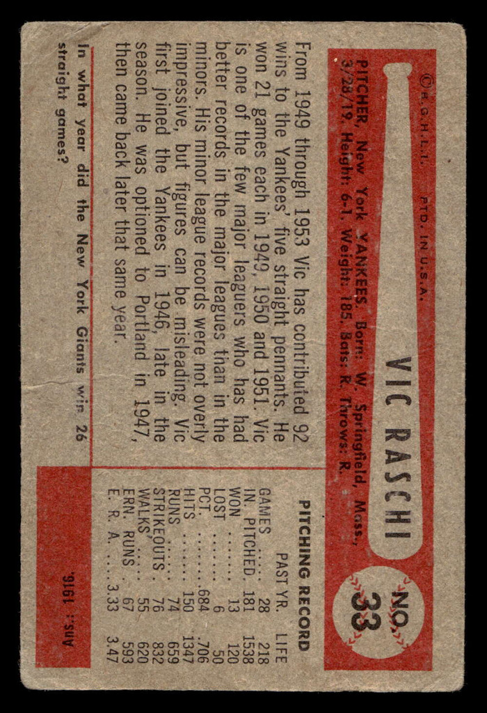 1954 Bowman #33 Vic Raschi G-VG  ID: 522765