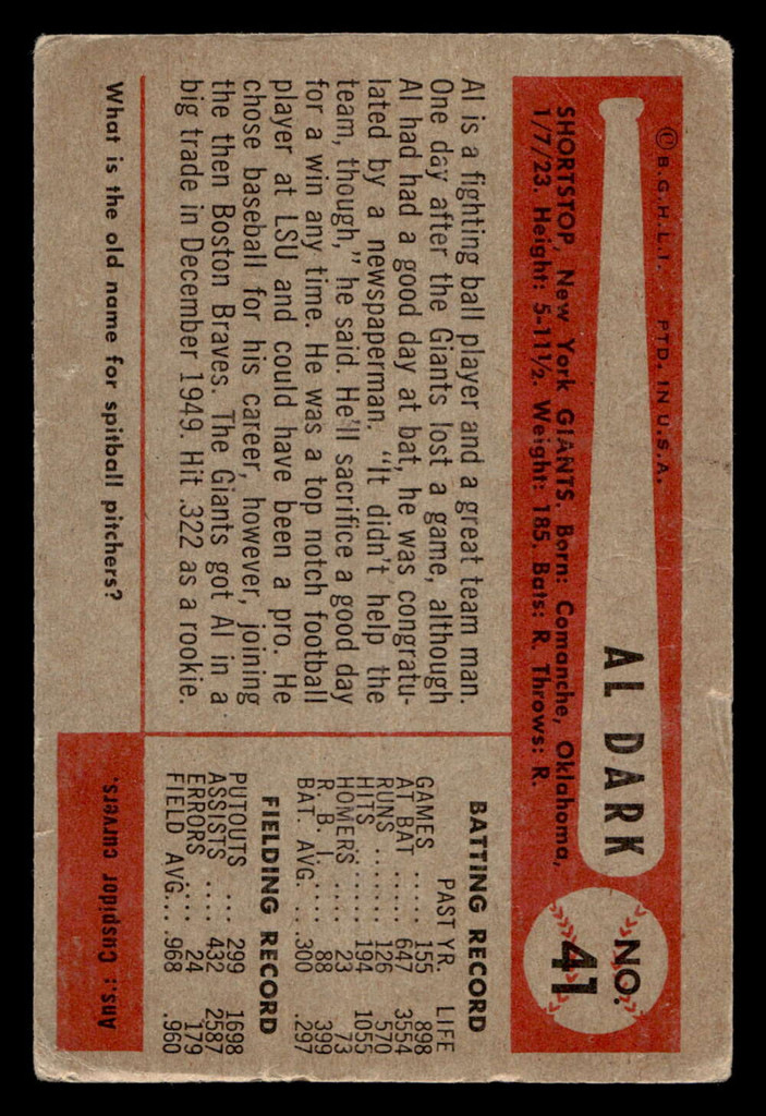 1954 Bowman #41 Alvin Dark UER G-VG  ID: 522766