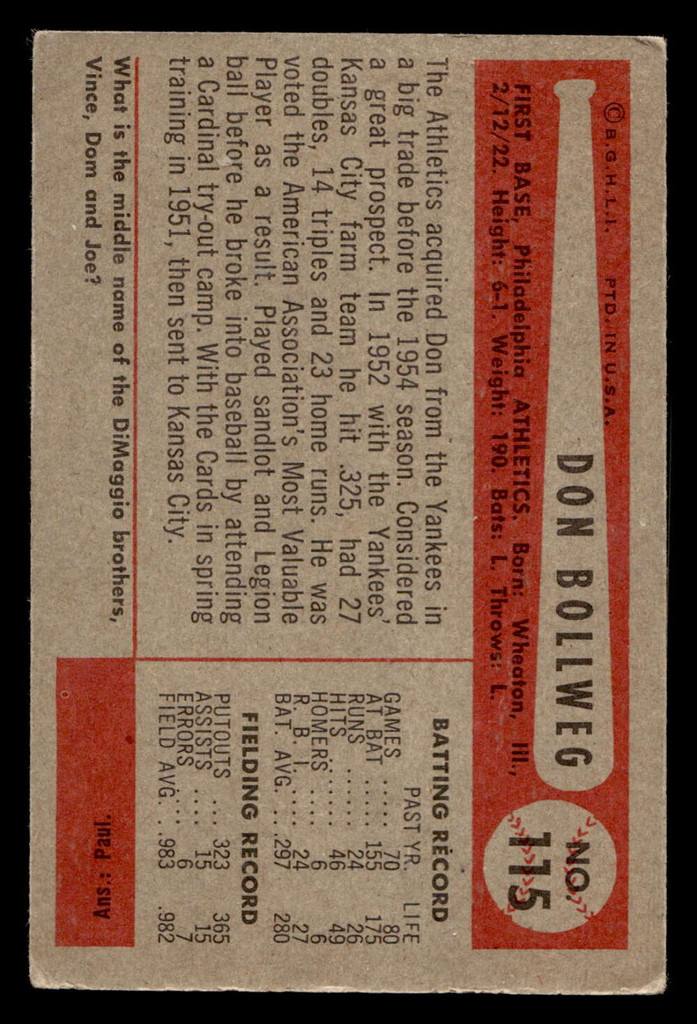 1954 Bowman #115 Don Bollweg G-VG  ID: 522773