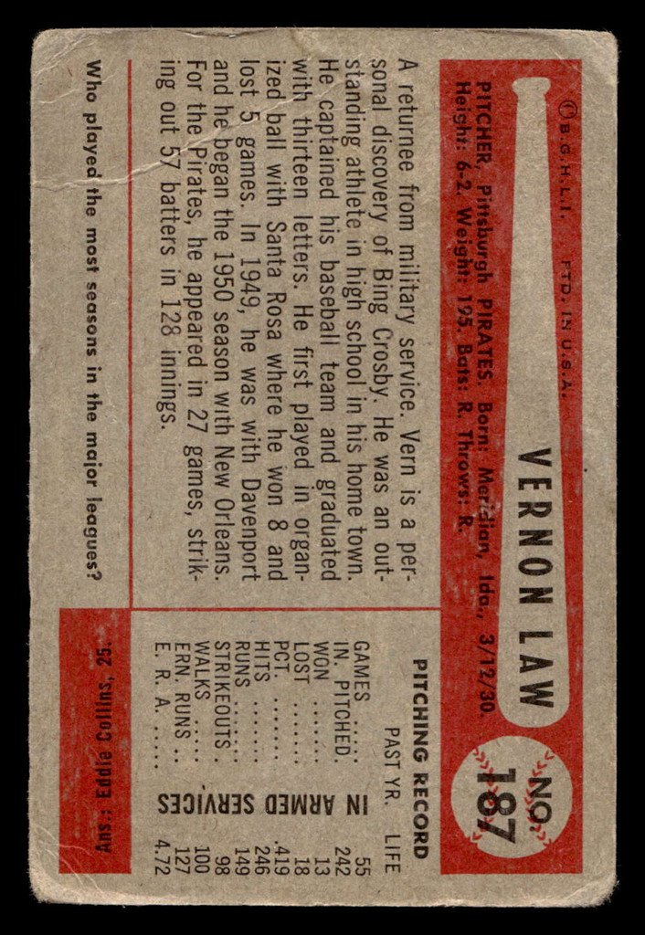 1954 Bowman #187 Vern Law Good 