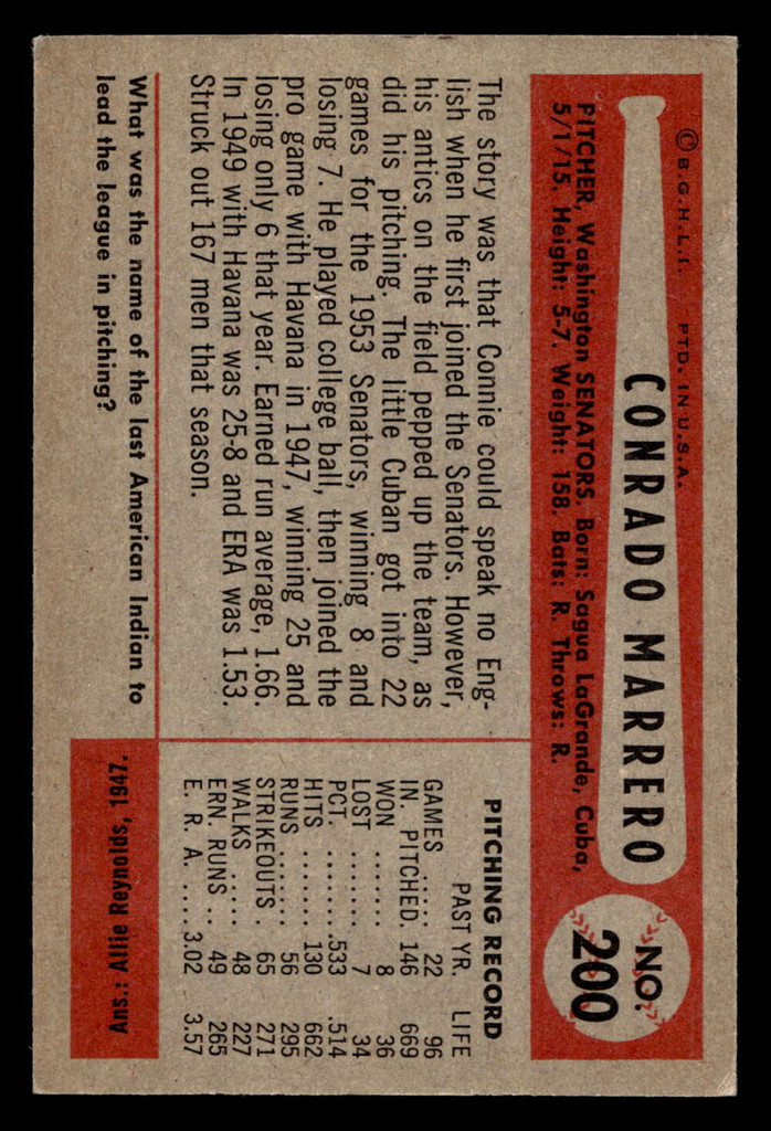 1954 Bowman #200 Connie Marrero Ex-Mint 