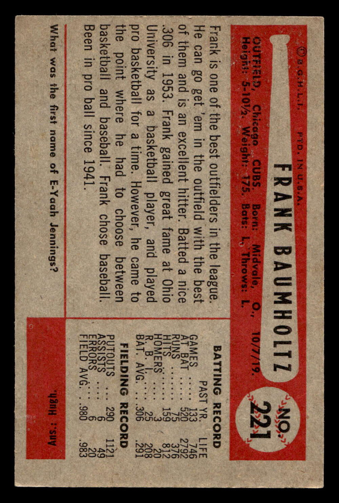 1954 Bowman #221 Frank Baumholtz UER Excellent+ 