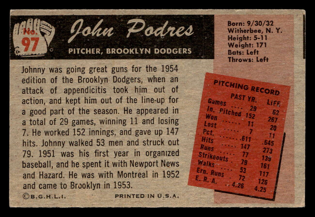 1955 Bowman #97 Johnny Podres VG-EX 