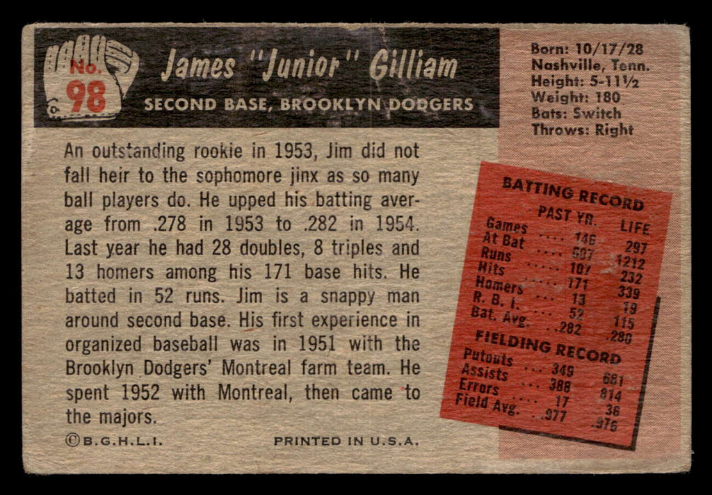 1955 Bowman #98 Jim Gilliam G-VG  ID: 522805