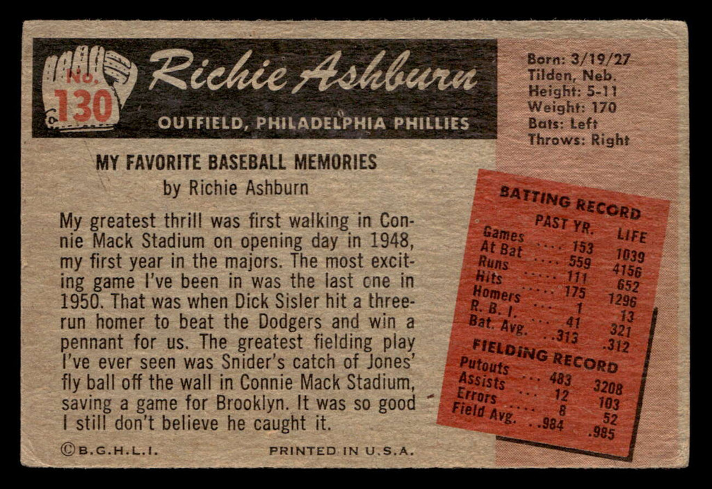 1955 Bowman #130 Richie Ashburn G-VG  ID: 522807