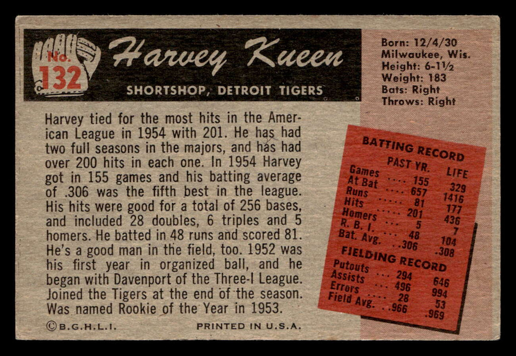 1955 Bowman #132 Harvey Kuenn ERR G-VG ERROR Kueen 