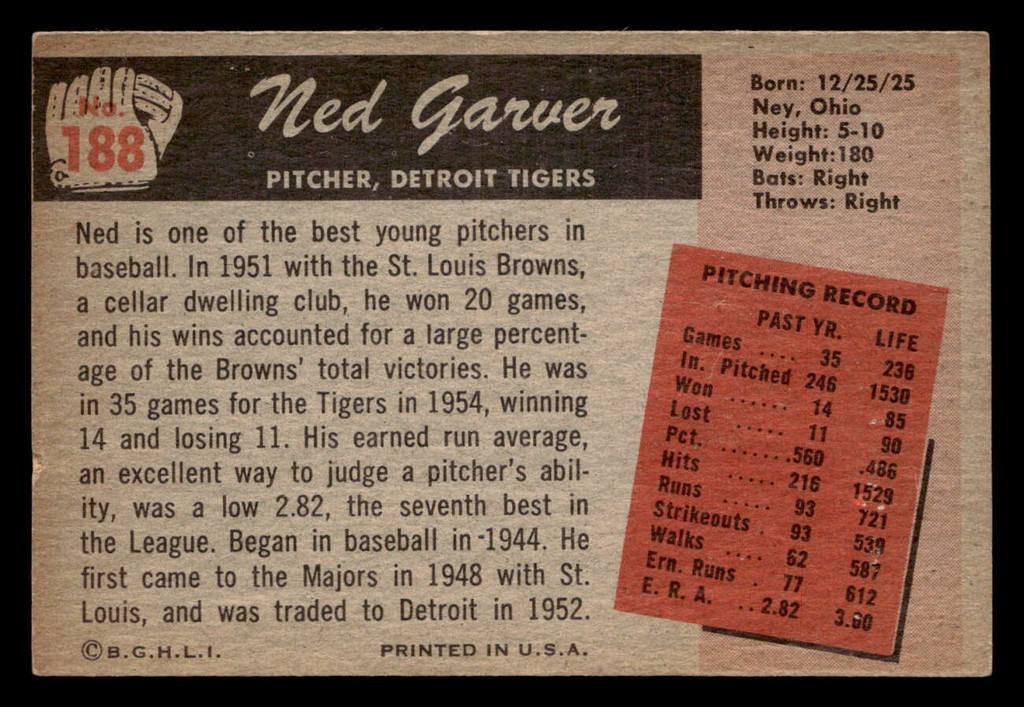 1955 Bowman #188 Ned Garver Ex-Mint  ID: 522810