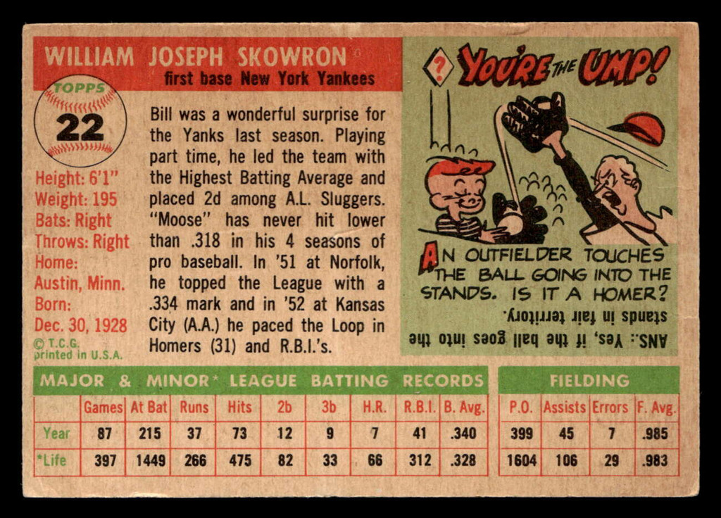 1955 Topps #22 Bill Skowron UER Very Good crease 