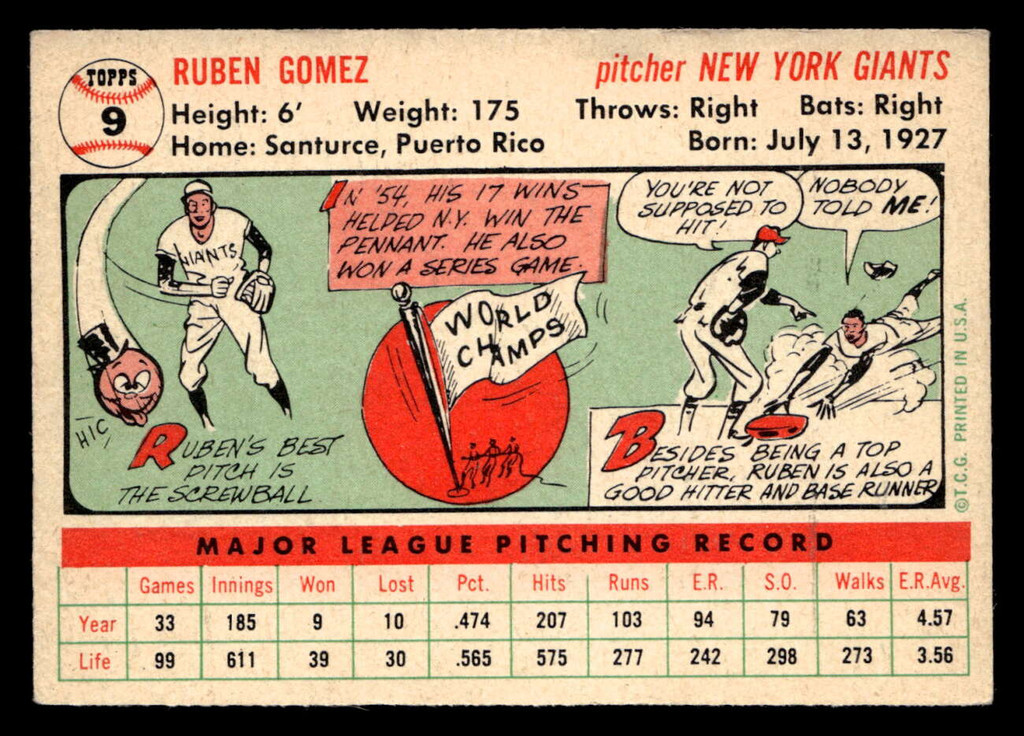 1956 Topps #9 Ruben Gomez Grey Backs Excellent+ White Back 