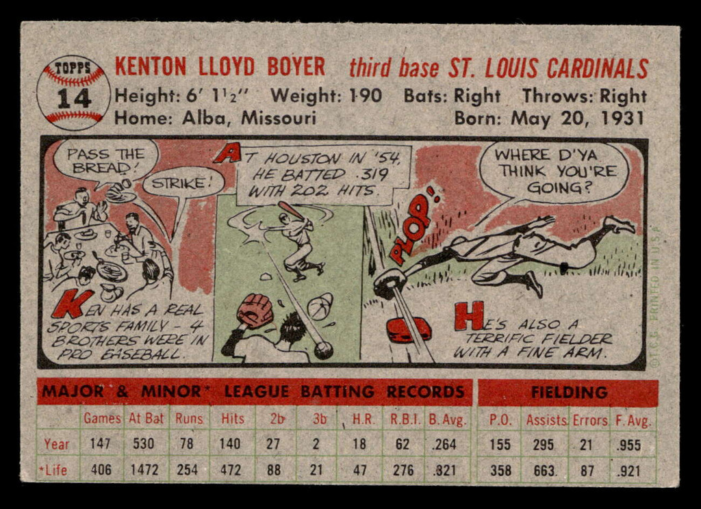 1956 Topps #14 Ken Boyer Grey Backs Ex-Mint Gray Back 