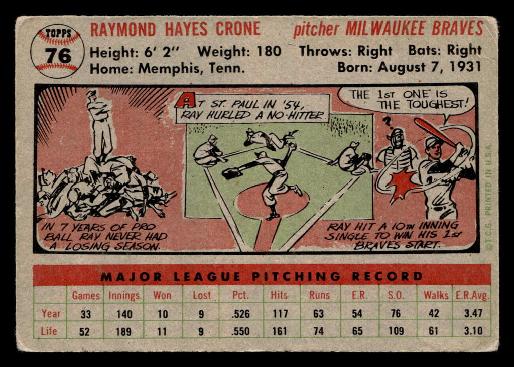 1956 Topps #76 Ray Crone Grey Backs Very Good Gray Back 