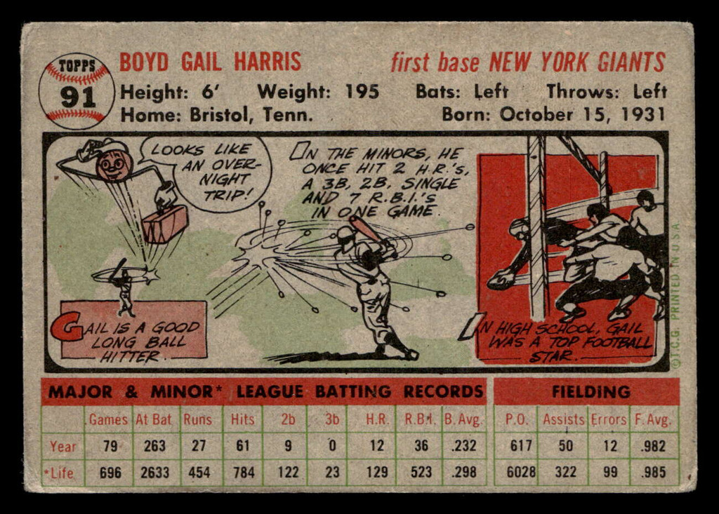 1956 Topps #91 Gail Harris Grey Backs Very Good RC Rookie Gray Back 