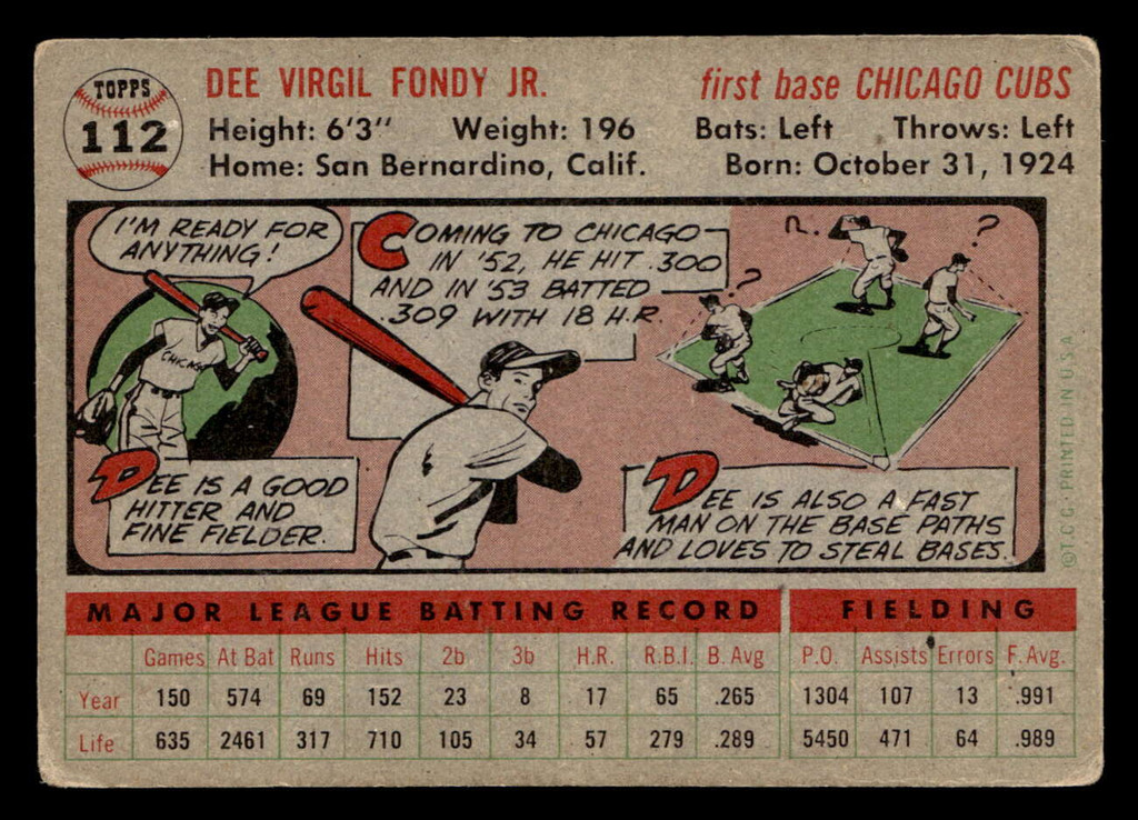 1956 Topps #112 Dee Fondy Grey Backs Very Good Gray Back 