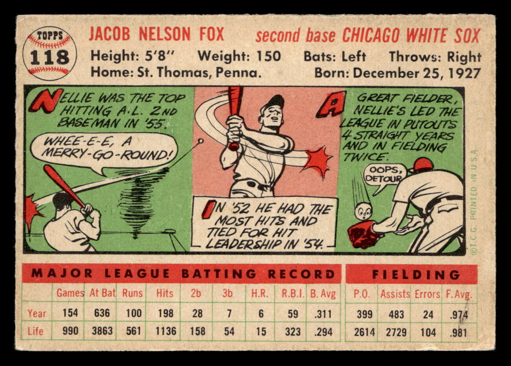 1956 Topps #118 Nellie Fox Grey Backs Very Good White Back 
