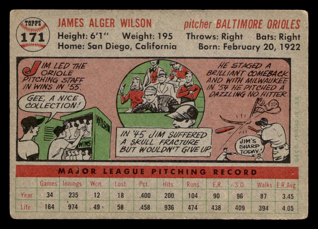1956 Topps #171 Jim Wilson Grey Backs Very Good Gray Back 