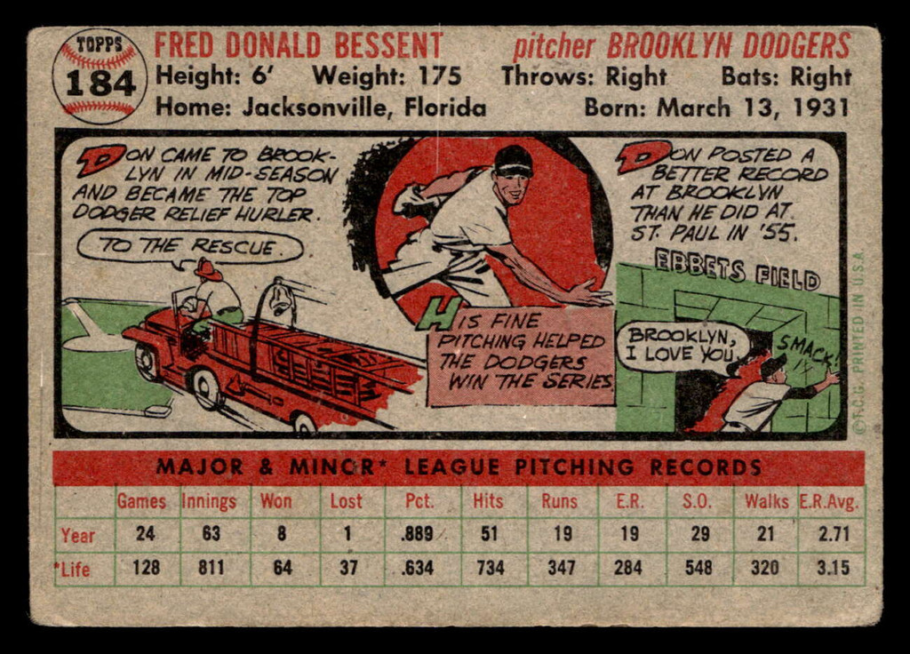 1956 Topps #184 Don Bessent Good RC Rookie 